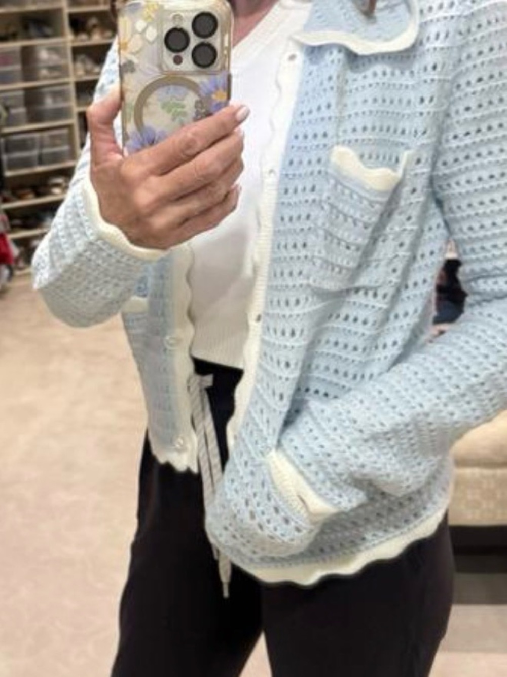 Anthropologie Light Blue Open-Knit Cardigan with Cream Trim